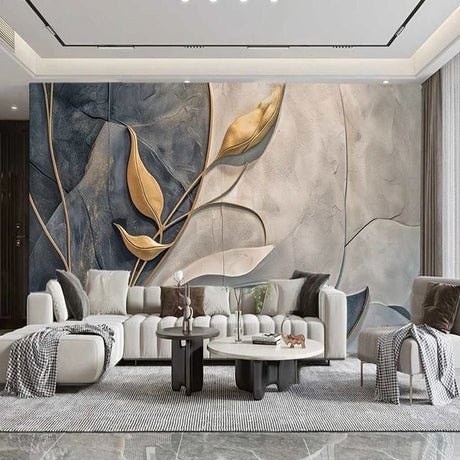 Gold botanical wallpaper in a modern luxury interior