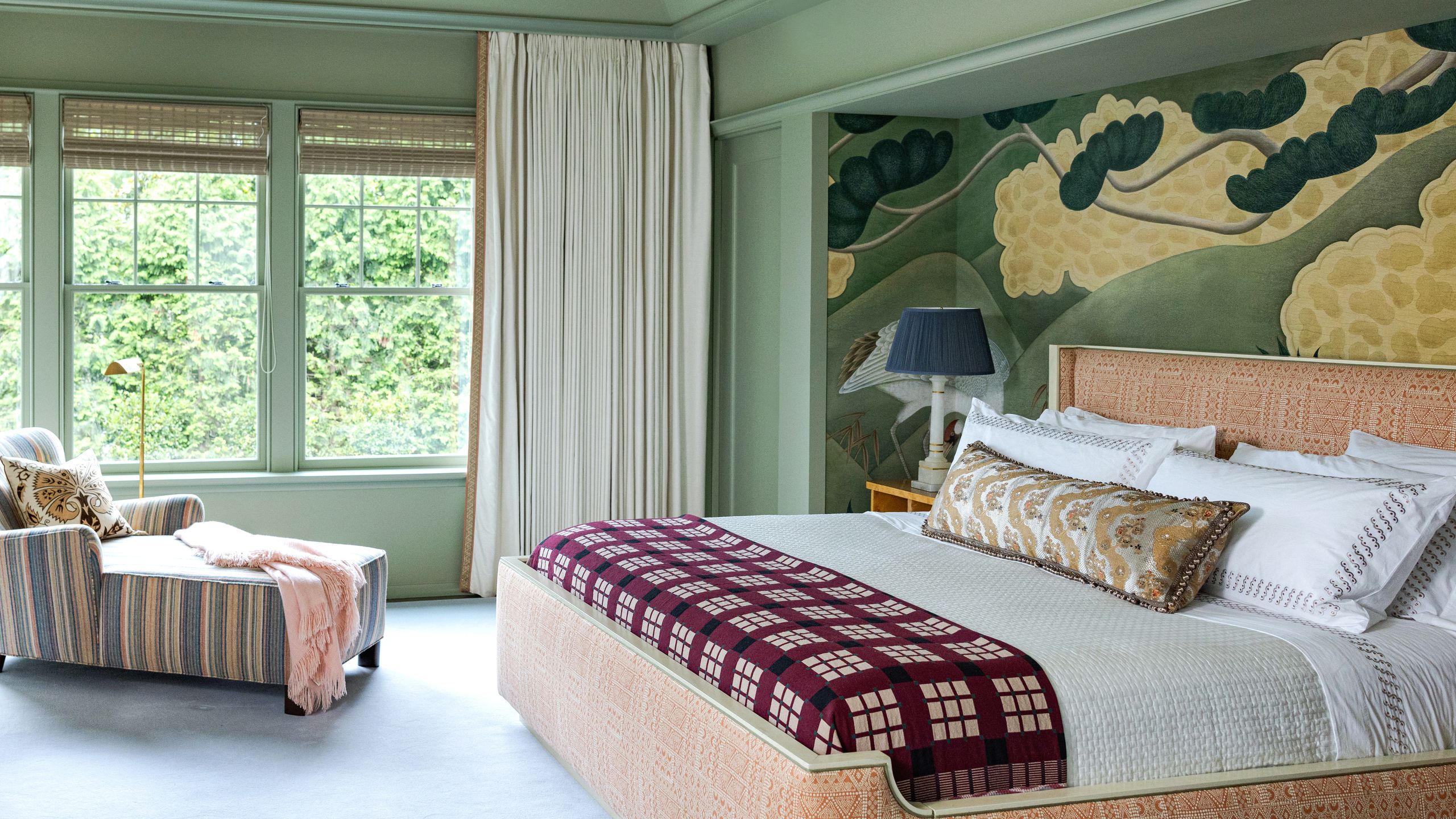 Architectural accent wall with bold wallpaper pattern
